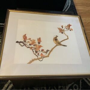 Straw Patchwork Art Bird & Flowers on Branch  Michel Rosso Cadres d’Art Vintage